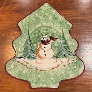Vintage Macy’s The Cellar Hand Painted Snowman Tree Shaped Plaque Trivet Italy